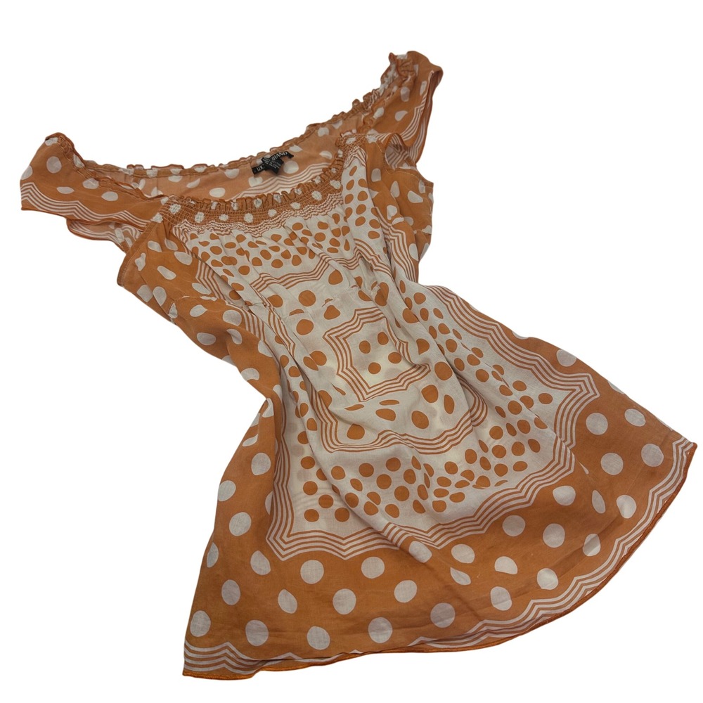 Lucky Brand Orange Polka Dot Scarf Print Peasant Top Smocked Cap Sleeve Sz 12